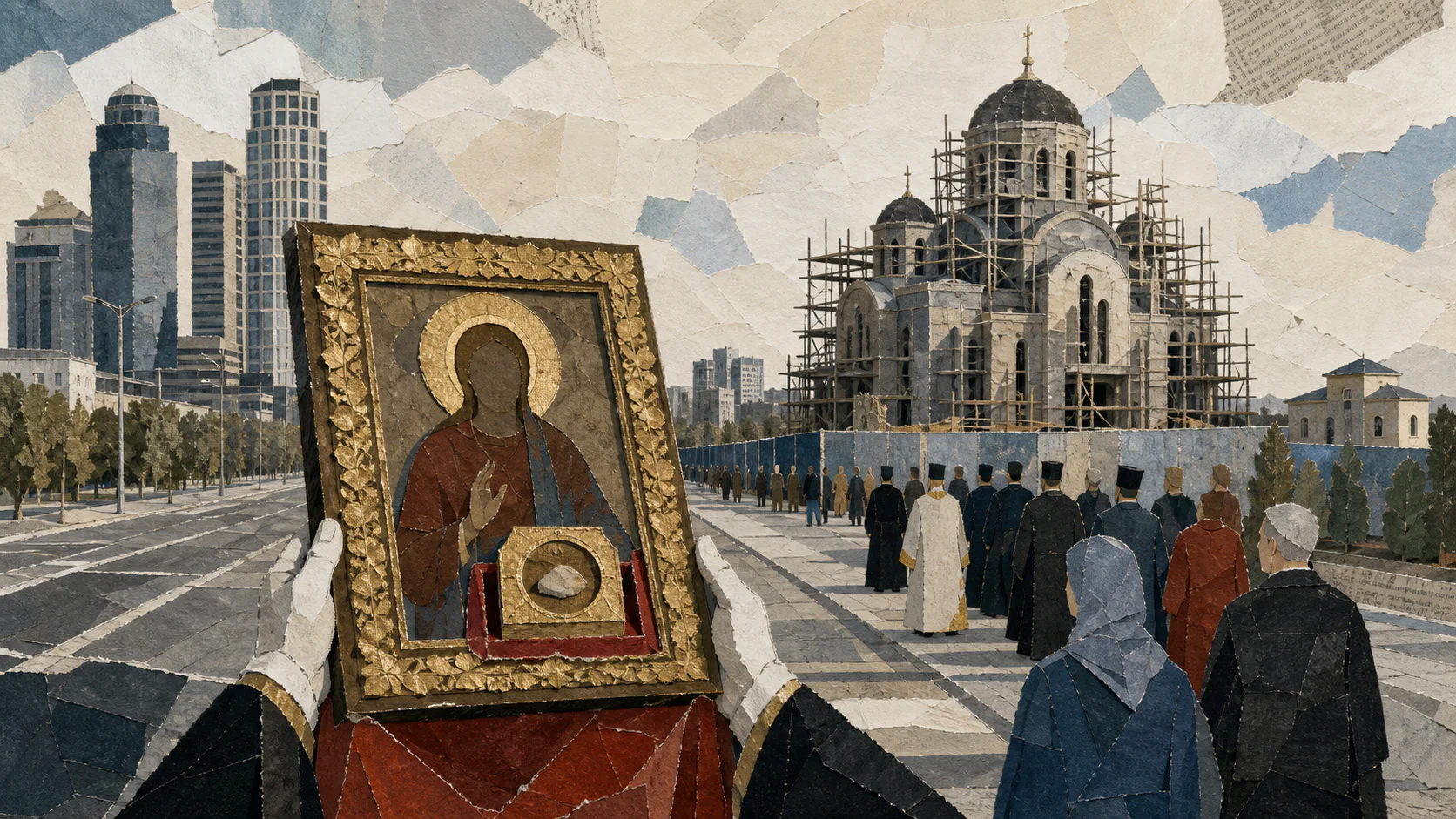Бумажный коллаж с иконой перед строящимся православным собором и новым районом Грозного