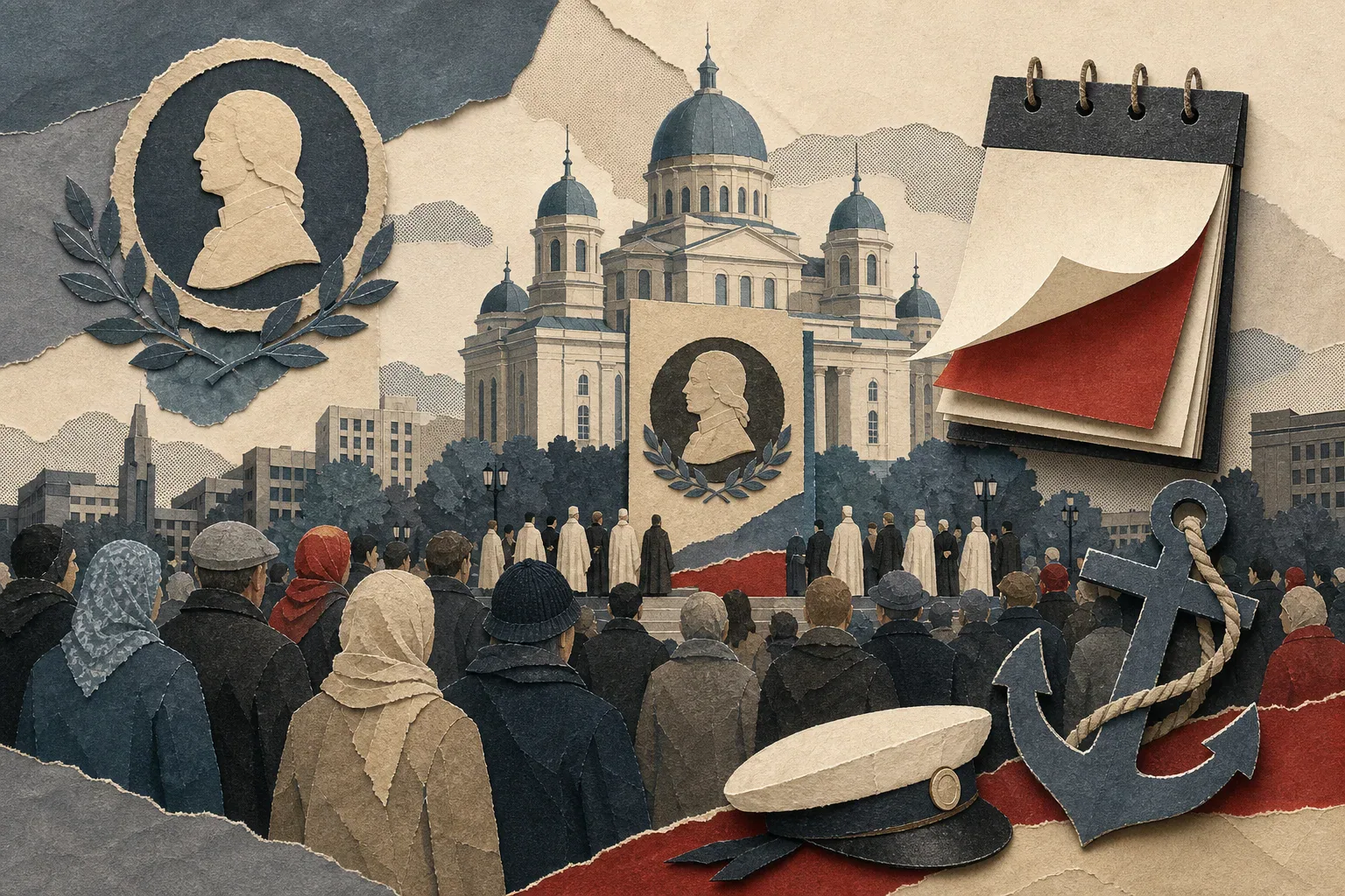 Бумажный коллаж с собором Феодора Ушакова, собравшимися людьми, календарём, якорем и морской фуражкой