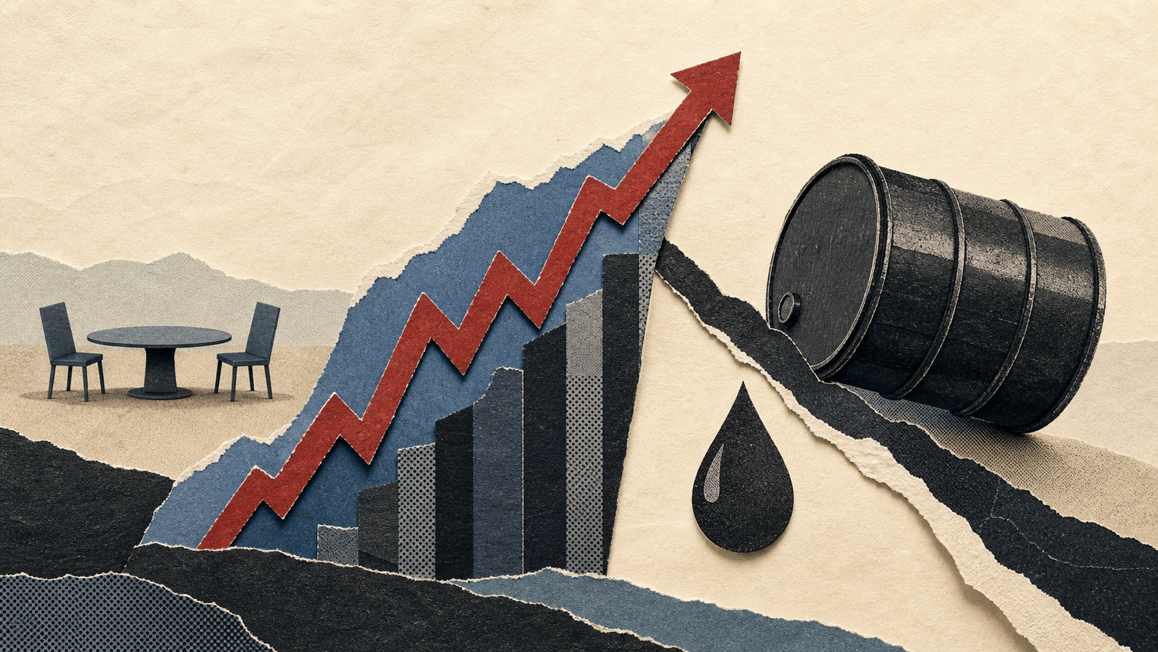 Бумажный коллаж с растущим биржевым графиком, нефтяной бочкой и пустым столом переговоров