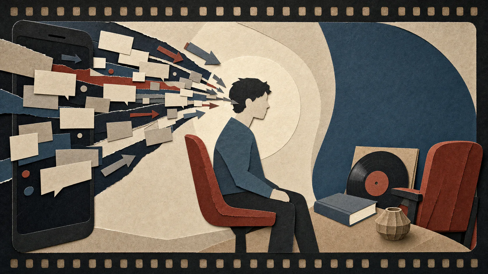 Бумажный коллаж с человеком между потоком уведомлений и книгой, винилом и кинозалом