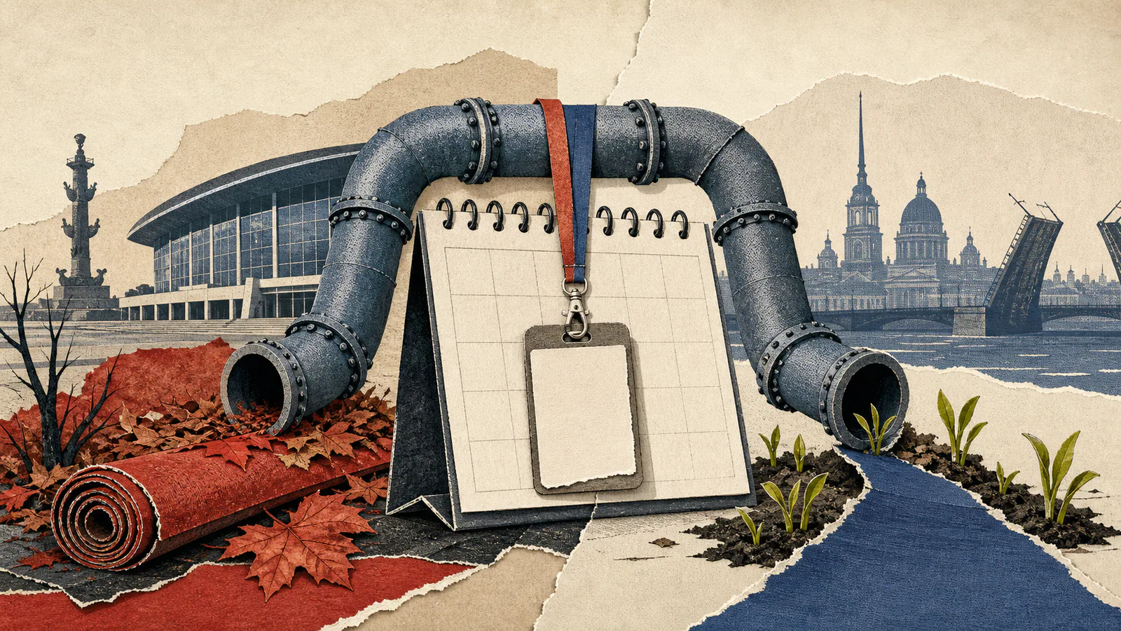 Бумажный коллаж с газовой трубой, пустым календарём, осенними листьями и весенними ростками на фоне Петербурга