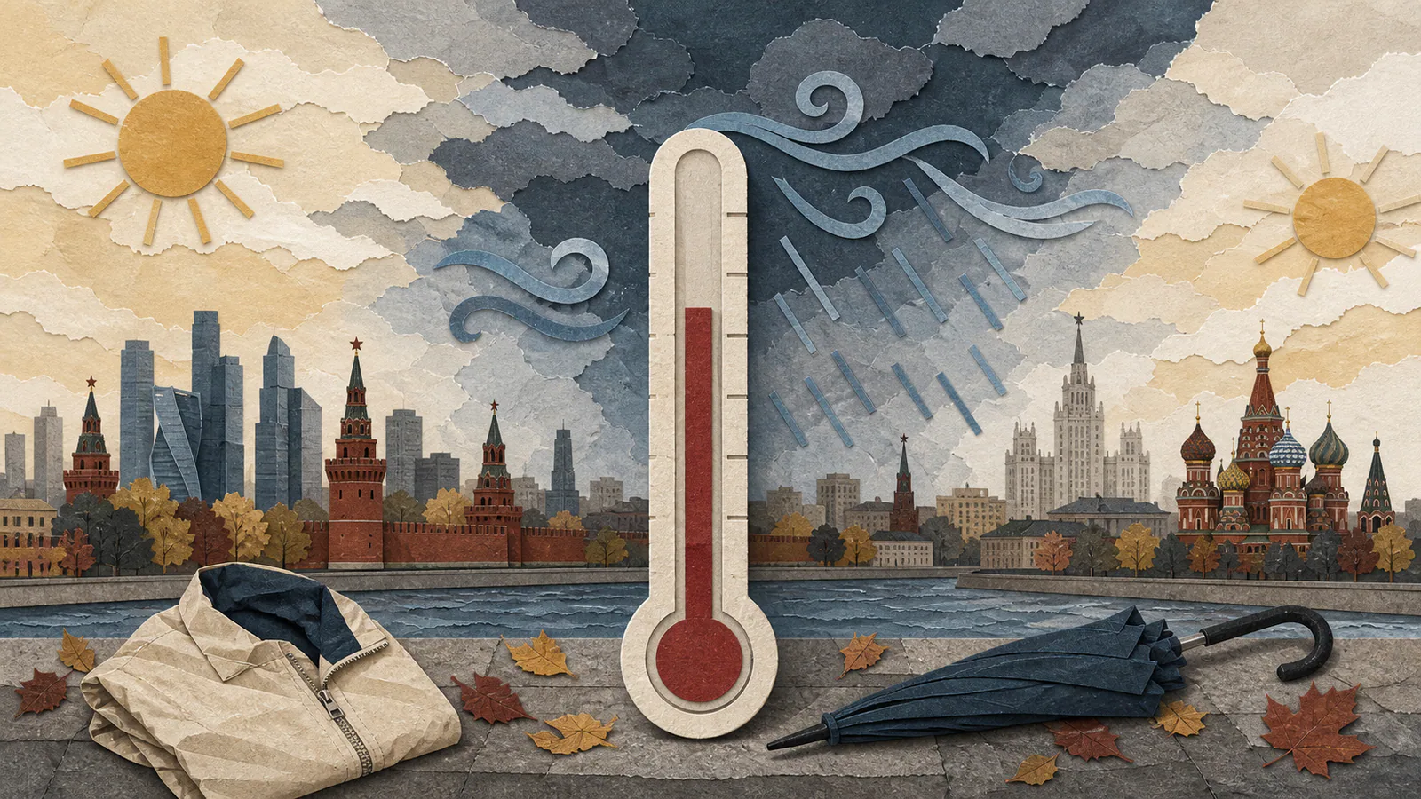 Бумажный коллаж с Москвой, термометром, солнцем, дождевыми облаками, курткой и зонтом