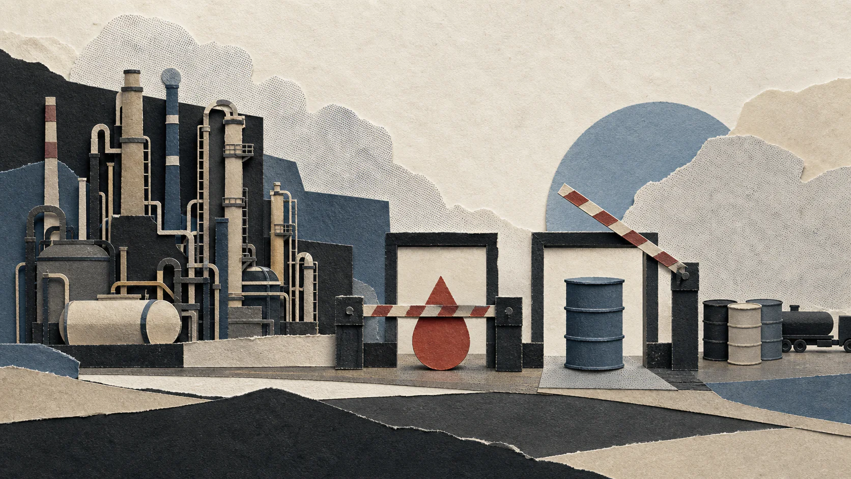 Бумажный коллаж с нефтеперерабатывающим заводом, топливными бочками и двумя экспортными шлагбаумами