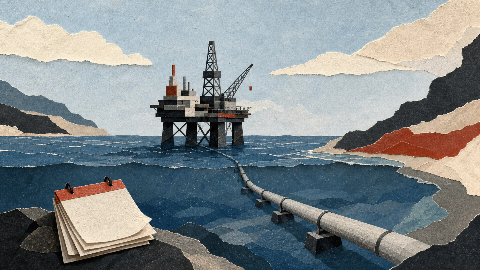 Бумажный коллаж с морской газовой платформой, подводным трубопроводом и календарём