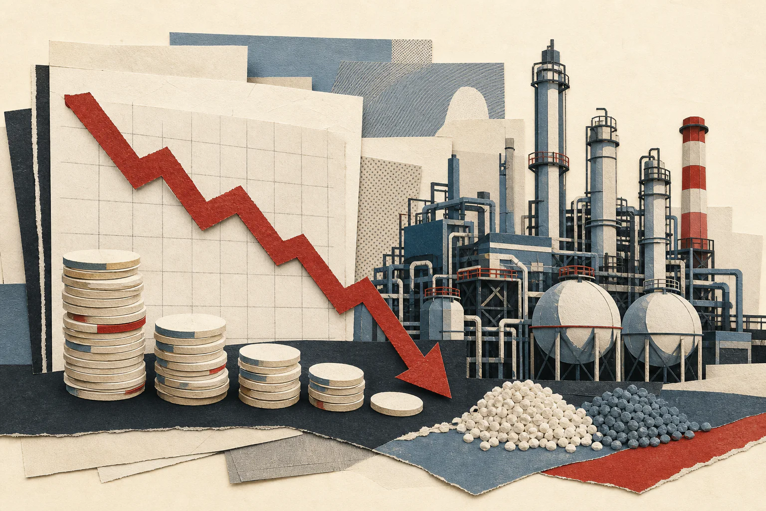 Бумажный коллаж с нефтехимическим комплексом, убывающей диаграммой и уменьшающимися стопками монет