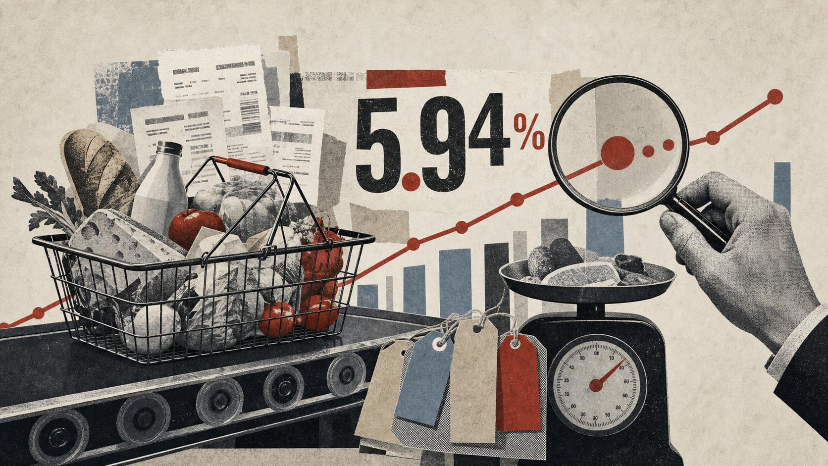 Коллаж с продуктовой корзиной, чеками и графиком инфляции