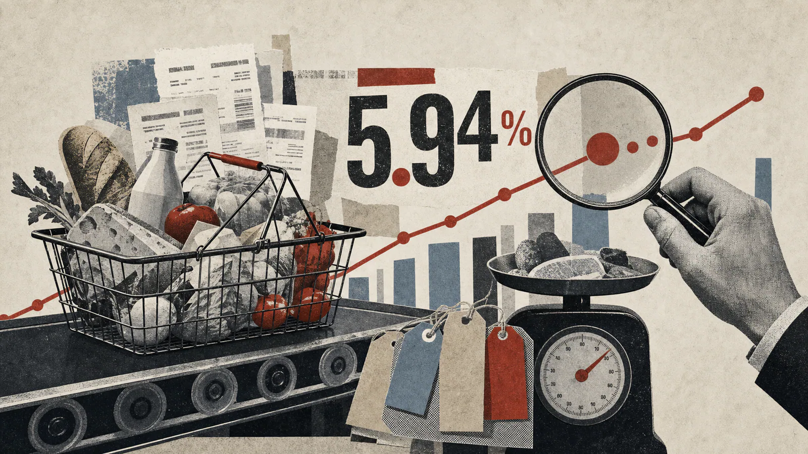 Коллаж с продуктовой корзиной, чеками и графиком инфляции